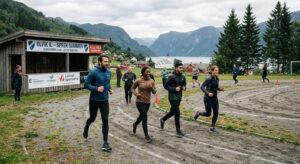 A professional editorial photograph capturing a diverse group of amateur athletes training on a loca