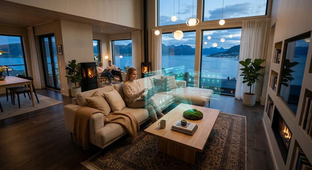 A professional, high-angle editorial shot of a sleek, modern Norwegian living room integrated with h