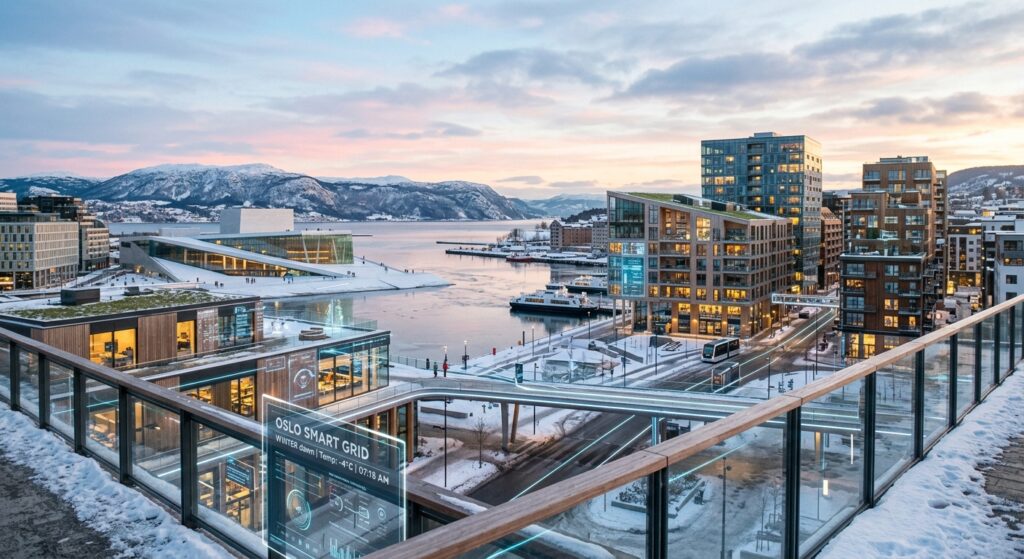 A high-quality, editorial-style conceptual image of a futuristic, digitally integrated Norwegian cit