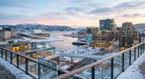 A high-quality, editorial-style conceptual image of a futuristic, digitally integrated Norwegian cit
