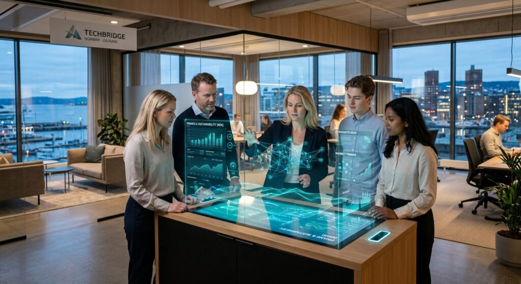 A professional, high-quality editorial photograph featuring a modern Norwegian office interior integ