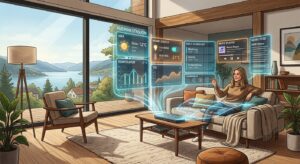 A futuristic yet grounded professional illustration featuring a sleek, glowing digital interface ble