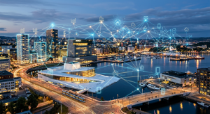 A professional, editorial-style conceptual image featuring a sleek, glowing digital network overlayi