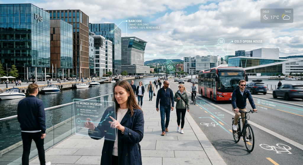 A professional, high-quality editorial photograph capturing a modern Norwegian urban landscape integ