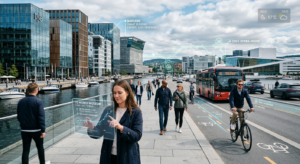 A professional, high-quality editorial photograph capturing a modern Norwegian urban landscape integ