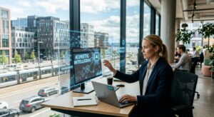 A professional editorial-style photograph featuring a modern workspace with a blurred Norwegian urba