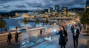 A professional, editorial-style photograph showing a modern Norwegian cityscape integrated with futu