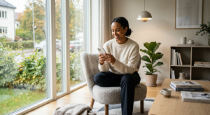 A modern, professional editorial shot of a diverse Norwegian person using a sleek smartphone in a br